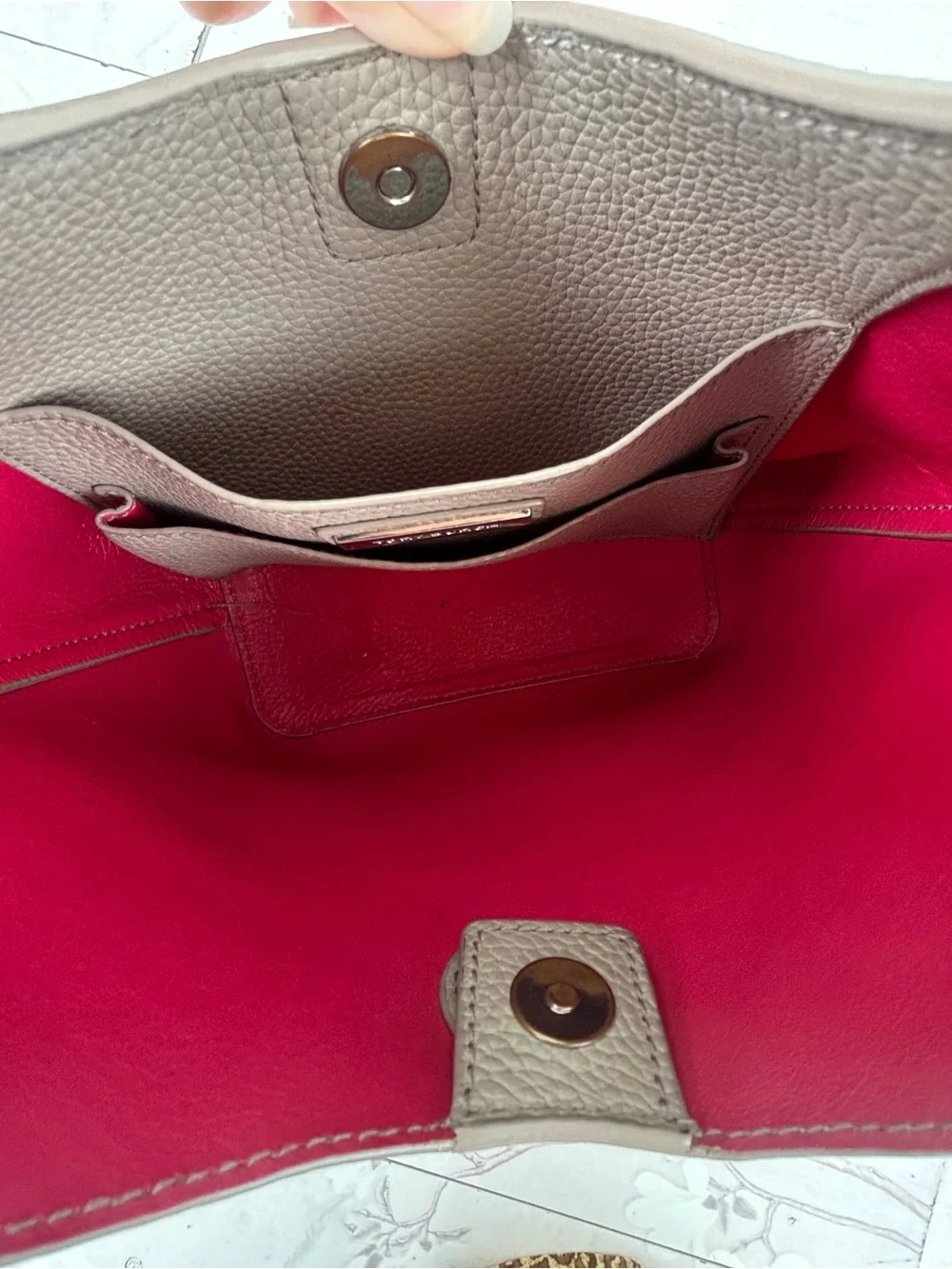 Tory Burch Taupe Pebbled Leather Shoulder Hobo with Red Lining